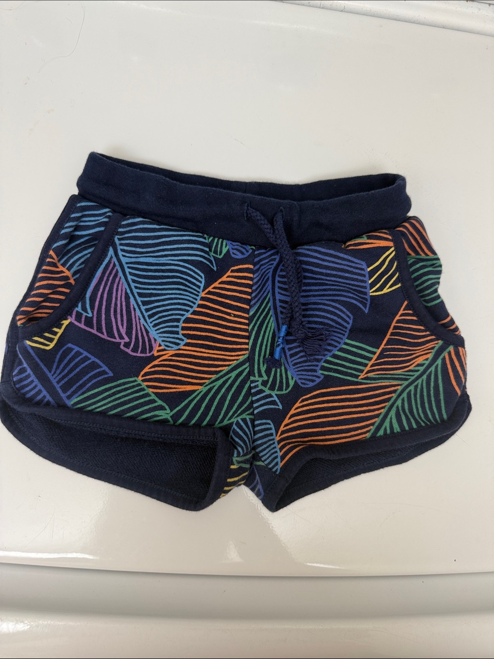 Lands' End Navy Knit Shorts with Multicolor Leaf Stripes